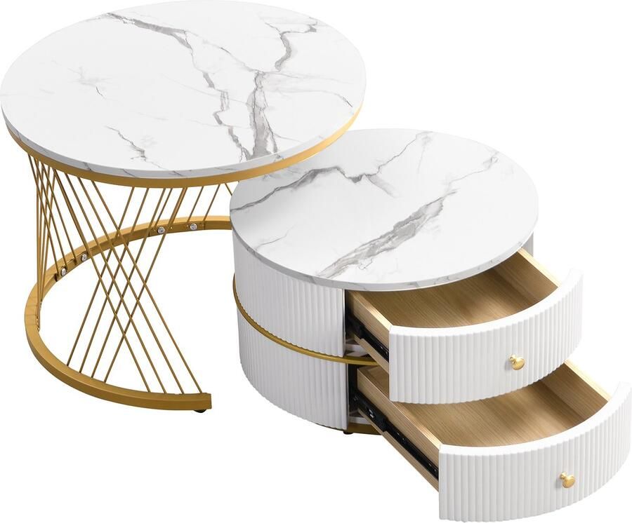 Singularity Salontafel Set van 2 Wit 60*60*46 cm en 50*50*30 8 cm Hoogglans marmeren buitenkant 2 laden