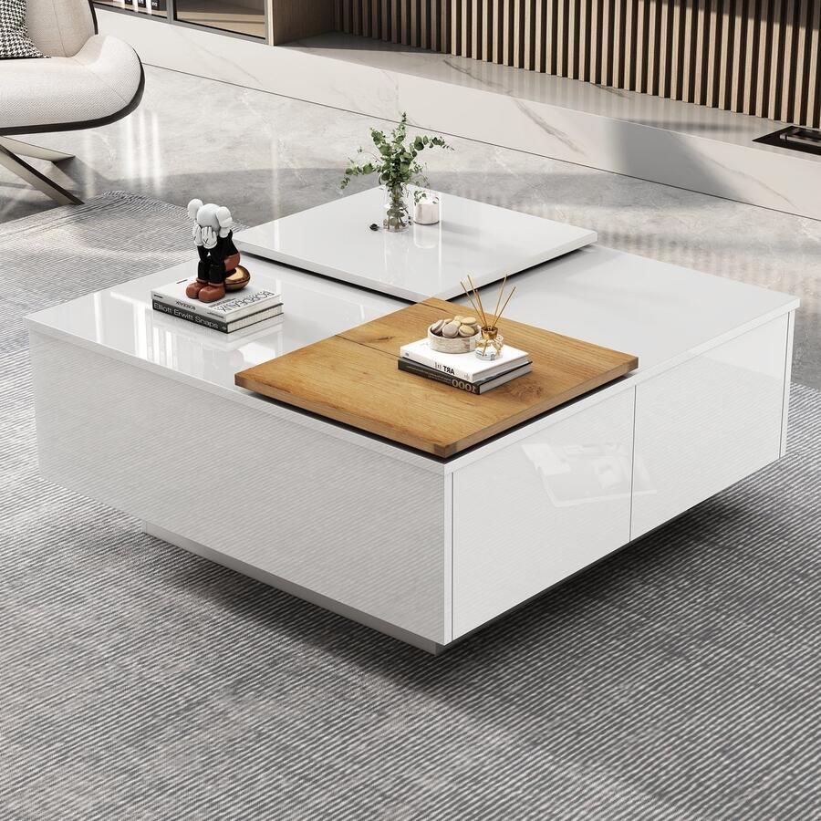 Singularity Salontafel Wit- Hoogglans Vierkant met legplank Schuifblad Maximum gewicht 30 kg