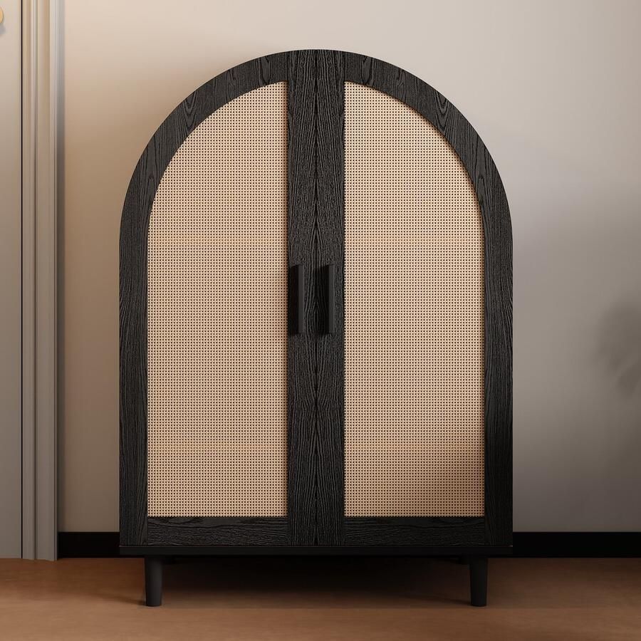 Singularity Schoenenkast Buitenkant met ronde vorm Opengewerkte rieten deur Drie planken Houtkleur