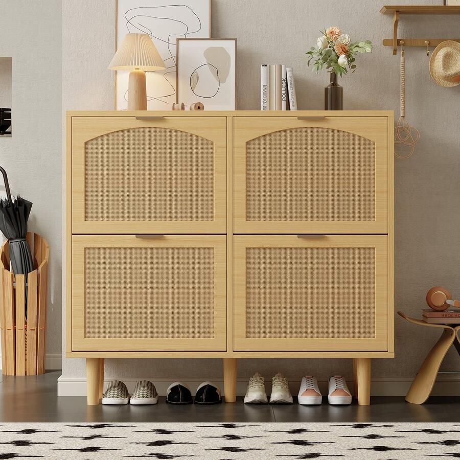 Singularity Schoenenkast Met 4 Uitklapbare Laden Rotan Schoenenkast Metalen Handvat Houten Meubels Rustieke Stijl Afmetingen: 100 x 25 x 90 cm Natuurlijke Kleur