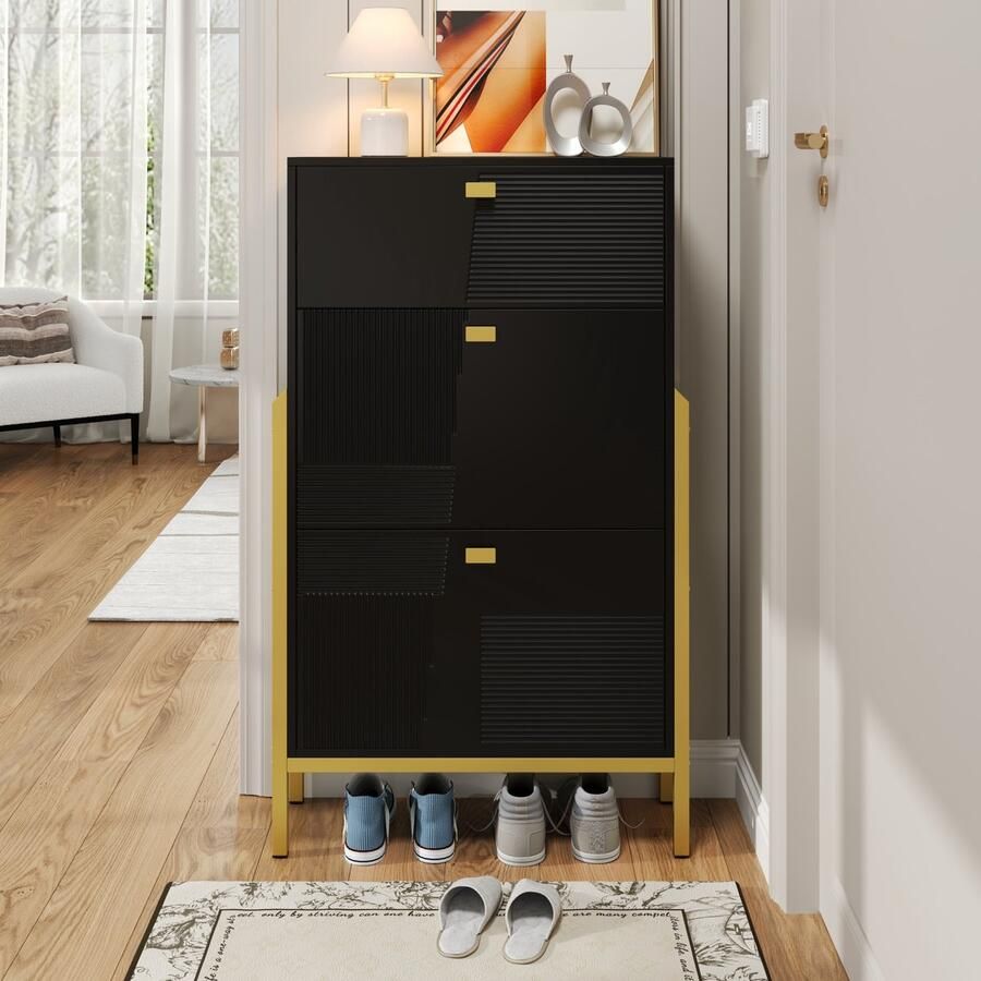Singularity Schoenenkast Met Lade Met Gouden Handgrepen en Poten Dubbel Zwart