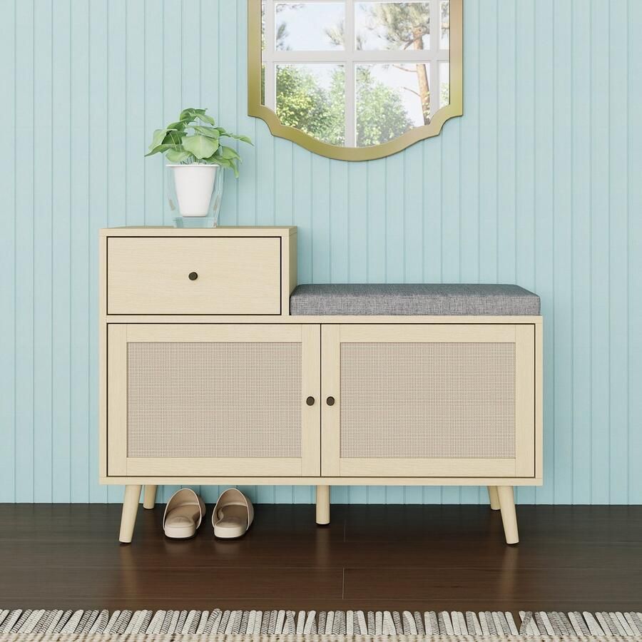 Singularity Schoenenkast Natuurlijk Hout Buitenkant Rotan Geweven Dubbele Deuren Met Laden en Gestoffeerde Zitting Afmetingen (90*35*65 cm)