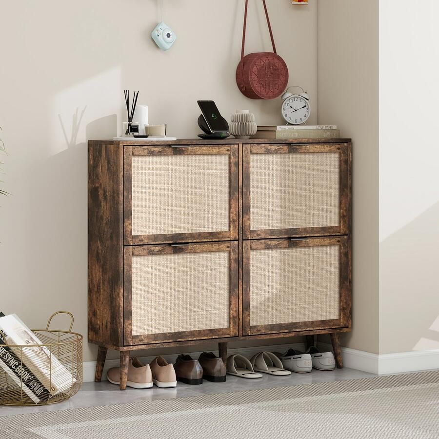 Singularity Schoenenkast vierdeurs (105x24x91cm) Rotan buitenkant Dubbele planken Met achterpaneel Vintage Bruin