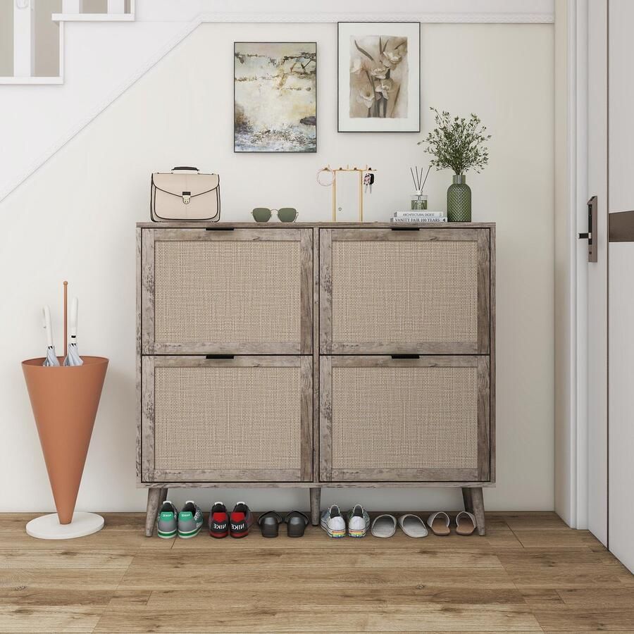Singularity Schoenenkast vierdeurs (105x24x91cm) Rotan buitenkant Dubbele planken Met achterpaneel Vintage Grey