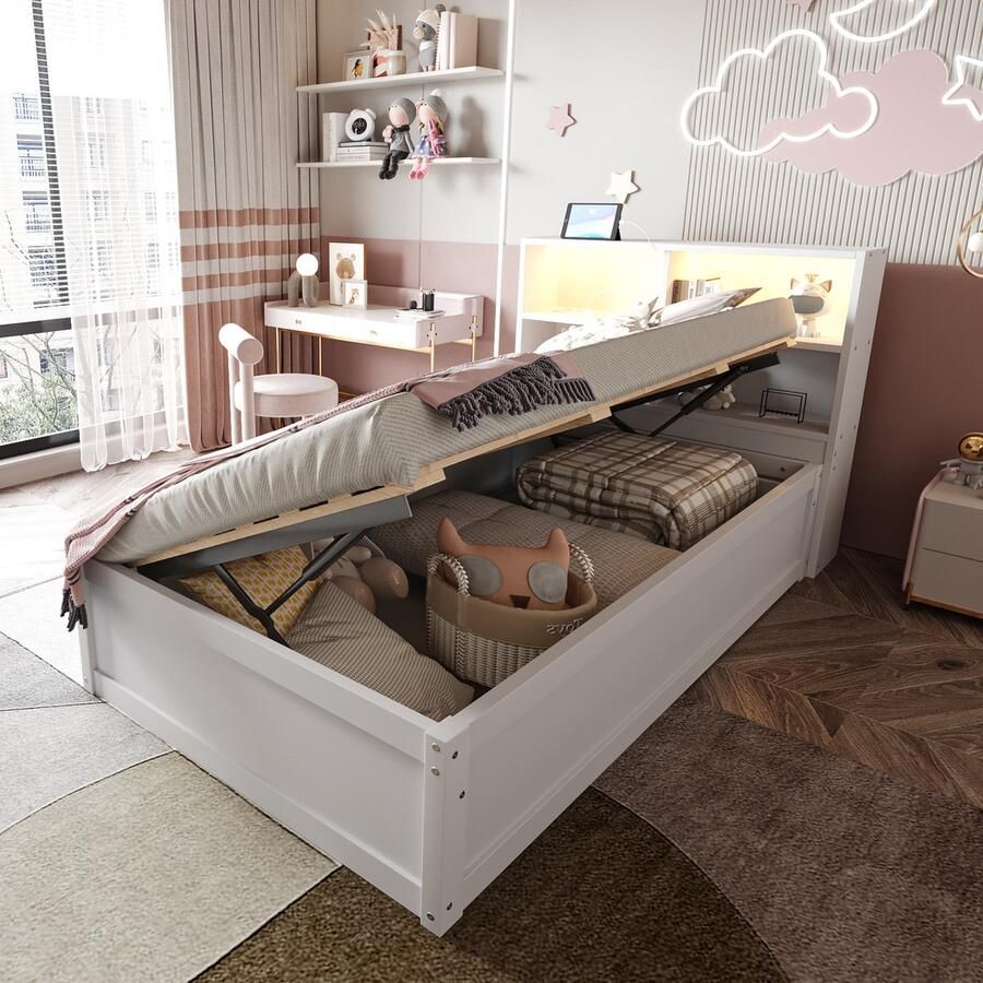 Singularity -Slaapbank 90x200- met stopcontacten en opbergvakken- met lichtbalk- hydraulisch bed- massief houten bed- eenpersoonsbed- multifunctioneel houten bed- wit.- Zonder matras