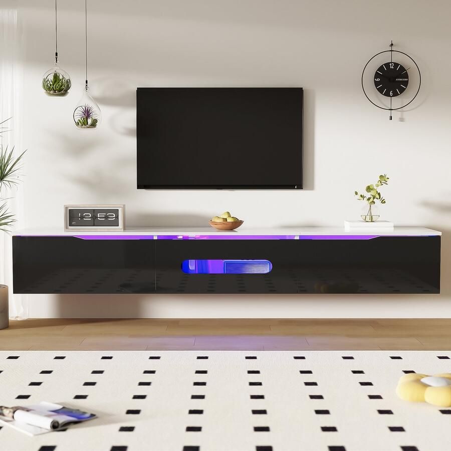 Singularity TV-standaard Zwart en Wit kleurenschema 180cm lang Hoogglans afwerking 16 kleuren LED-verlichting Aan de muur te bevestigen