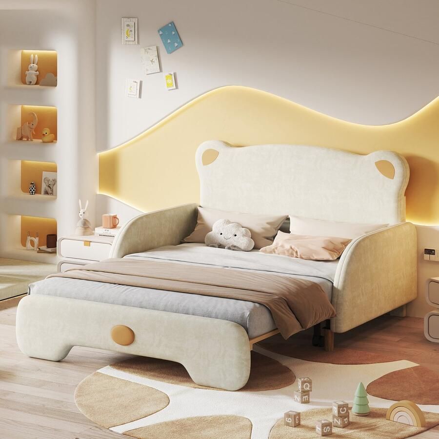 Singularity -Tweepersoonsbed 140x110cm+140x200cm- gestoffeerd bed- kinderbed- slaapbank- met houten lattenbodem- fluweel- beige- zonder matras