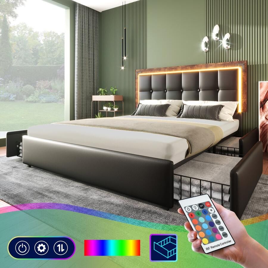 SONNENH Bedframe 160x200cm met LED-verlichtingsstrip 4 laden en verstelbaar hoofddeel in PU zwart (zonder matras)