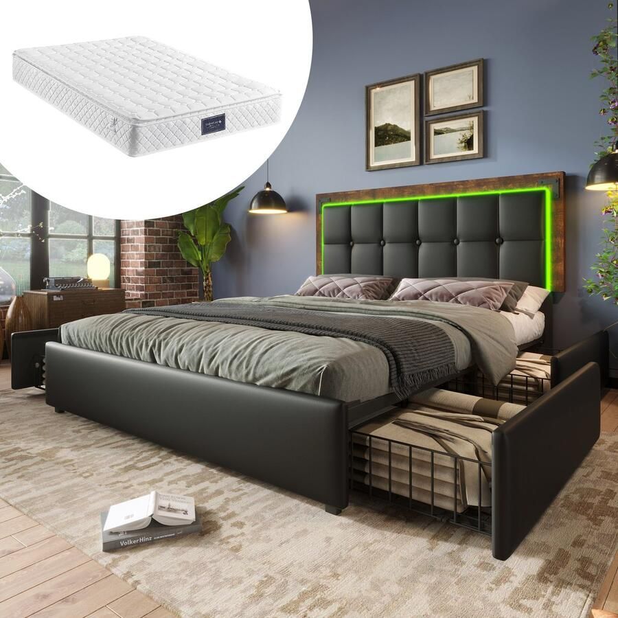 Singularity -Tweepersoonsbed met draadloos opladen USB C- gestoffeerd bedframe 140x200cm- bedframe met opbergruimte lattenbodem- riem- zonder matras