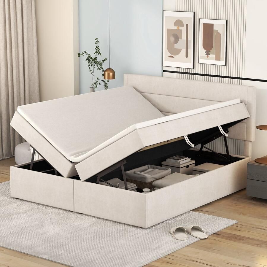 Singularity -Tweepersoonsbed- gestoffeerd bed- familiebed- platformbed met USB-oplader- bedframe met opbergruimte- beige (140x200cm)- zonder matras
