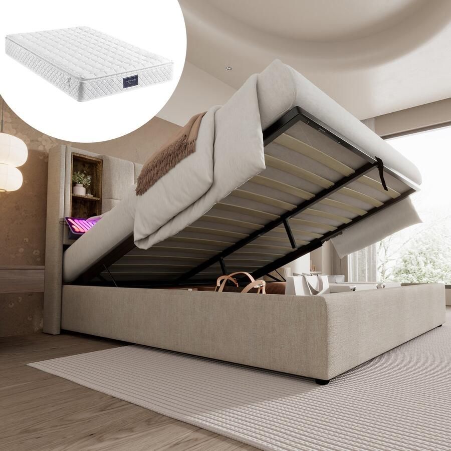 Singularity -Tweepersoonsbed gestoffeerd bedframe 160x200cm- bedframe met opbergruimte lattenbodem natuurlijk linnen met matras