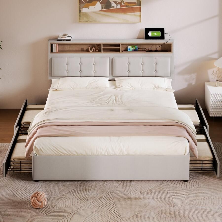 Singularity -Tweepersoonsbed met 4 lades en USB-C-aansluiting- gestoffeerd bed 160x200 cm- in hoogte verstelbaar hoofdeinde- houten lattenbodem. Zonder matras