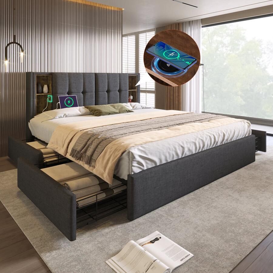 Singularity -Tweepersoonsbed met draadloos opladen USB C & 4 lades- gestoffeerd bedframe 160x200cm- lattenbodem van hout-beige fluweel Zonder matras