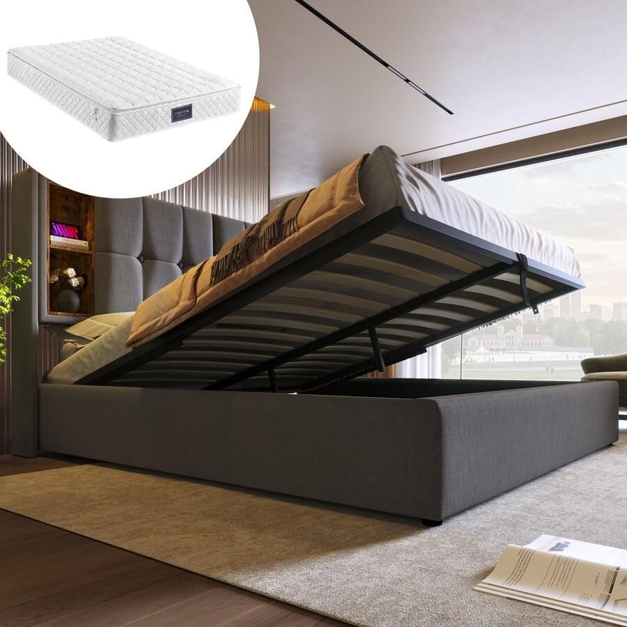 Singularity -Tweepersoonsbed met draadloos opladen USB C & 4 lades- gestoffeerd bedframe 160x200cm- lattenbodem grijs linnen zonder matras