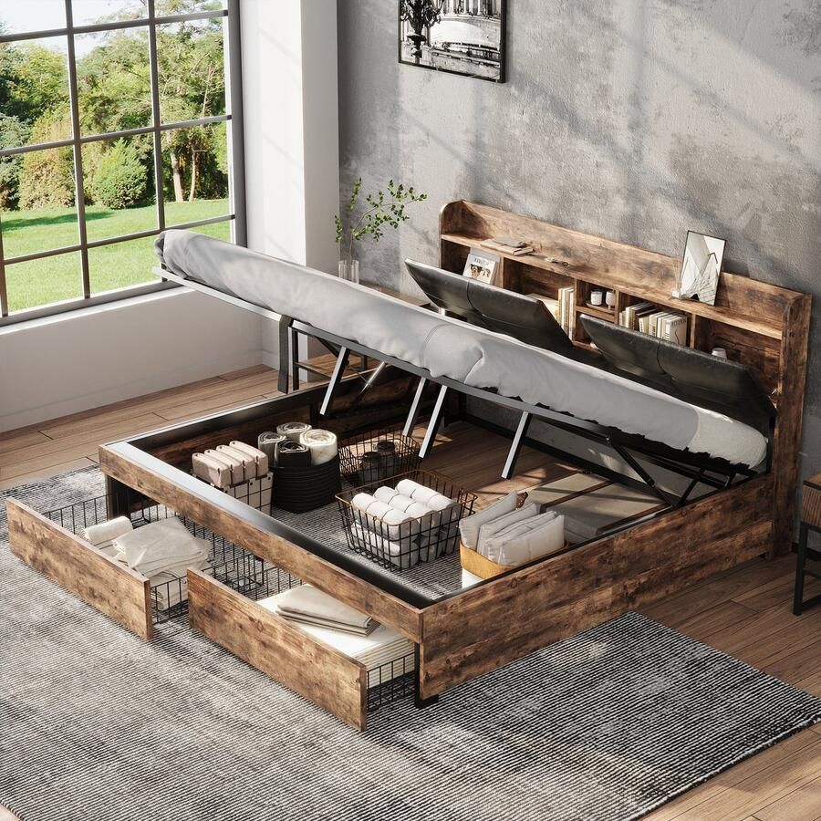 SONNENH Metallbed 180x200 cm Hydraulische bediening Opbergruimte Hoofdsteun Metalen lattenbodem Houtkleur + Zwart