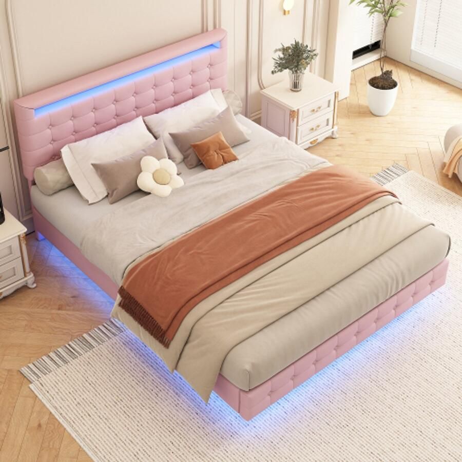 Singularity -Vlak bed 140 x 200 cm- LED-sfeerverlichting- vering- PU-materiaal- drietraps hoogteverstelling van het hoofdeinde- roze- zonder matras - Foto 2