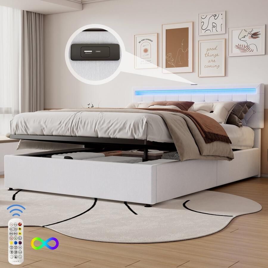 Singularity -Vlak bed 160 x 200 cm- gestoffeerd bed- sfeerverlichting op het bed- bed kan omhoog en omlaag- grijs- zonder matras