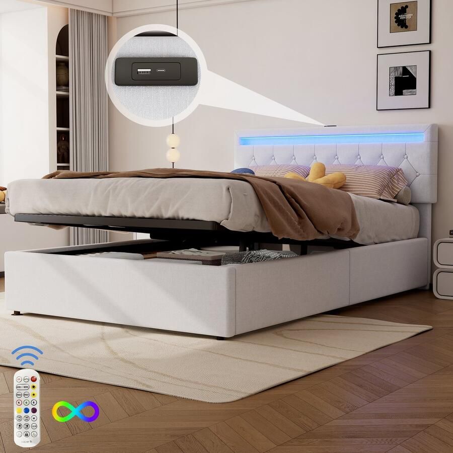 Merax Gestoffeerd bed 140x200 cm met LED-verlichting verstelbare hoofdbord met USB-aansluiting met opbergruimte wit zonder matras