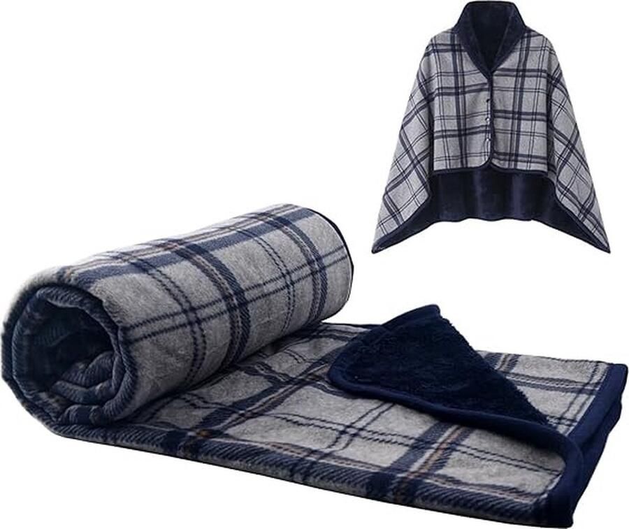 Sivenke Dames poncho fleece draagbare deken 140 x 160 geruite schootdeken comfortabele poncho pluche deken omslagdoek met knopen voor bed bank kantoor