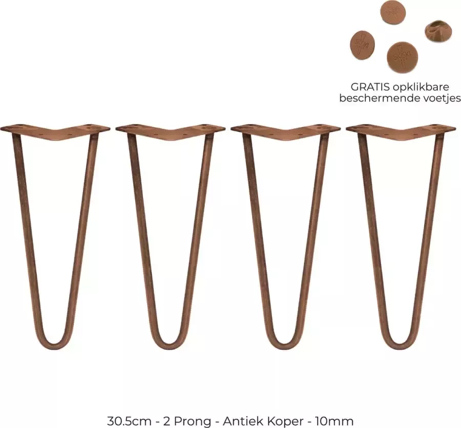 SKISKI LEGS 4 x 30.5 cm hairpin retro pootjes tafelpoten pinpoten 2 Ledig 10mm Antiek Koper