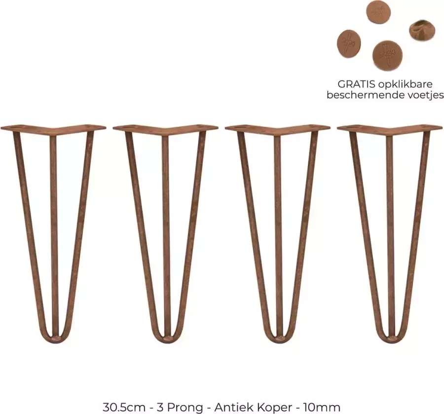 SKISKI LEGS 4 x 30.5 cm hairpin retro pootjes tafelpoten pinpoten 3 Ledig 10mm Antiek Koper