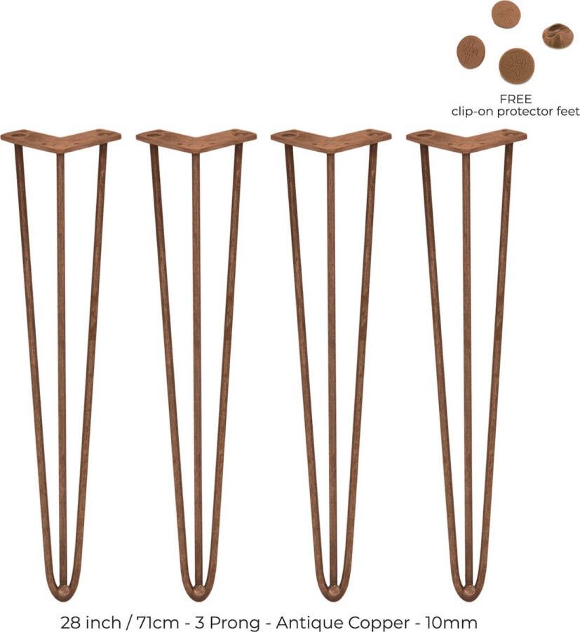 SKISKI LEGS 4 x 71cm hairpin retro pootjes tafelpoten pinpoten 3 Ledig 10mm Antiek Koper