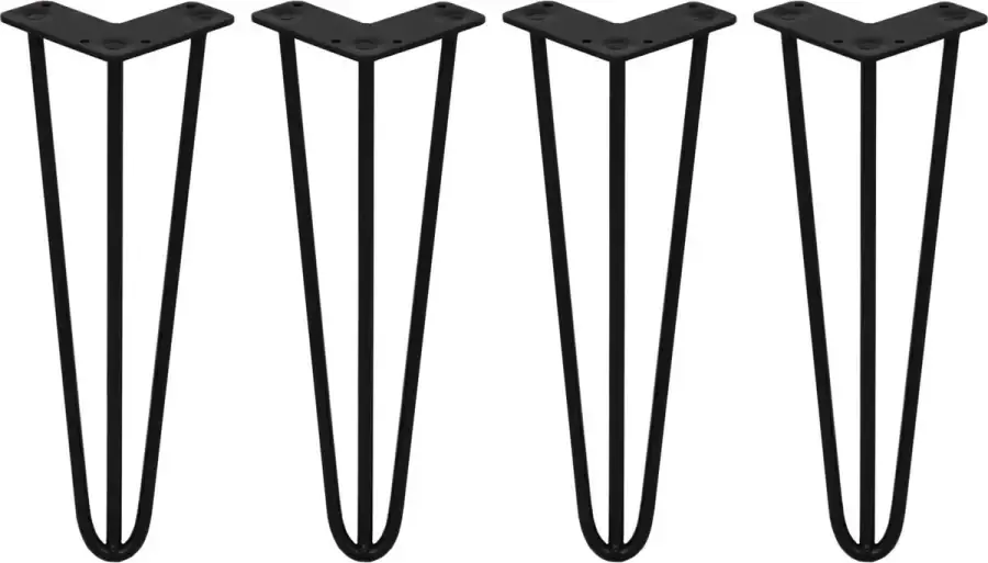 MonsterShop 4 x Tafelpoten staal Lengte: 35.5cm 3 pin 10mm Zwart SkiSki Legs ™ Retro hairpin pinpoten