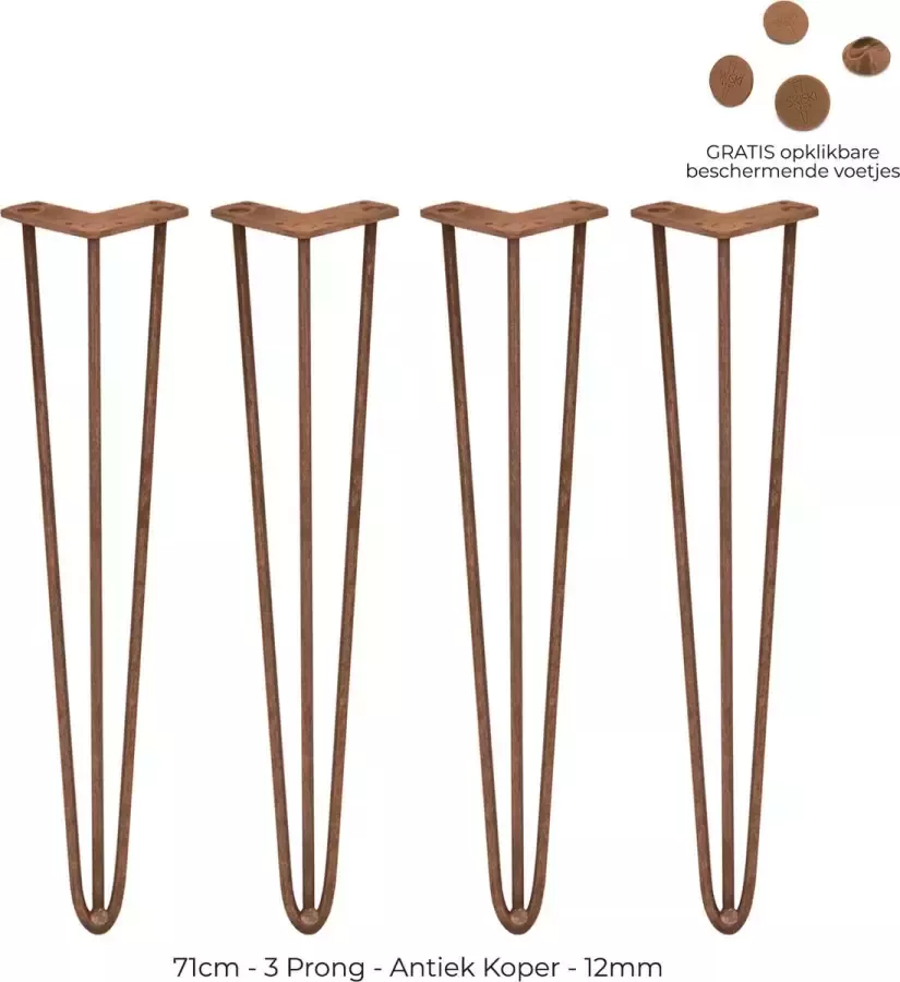 SKISKI LEGS 4 x Tafelpoten staal Lengte: 71cm 3 pin 12mm Koper ™ Retro hairpin pinpoten