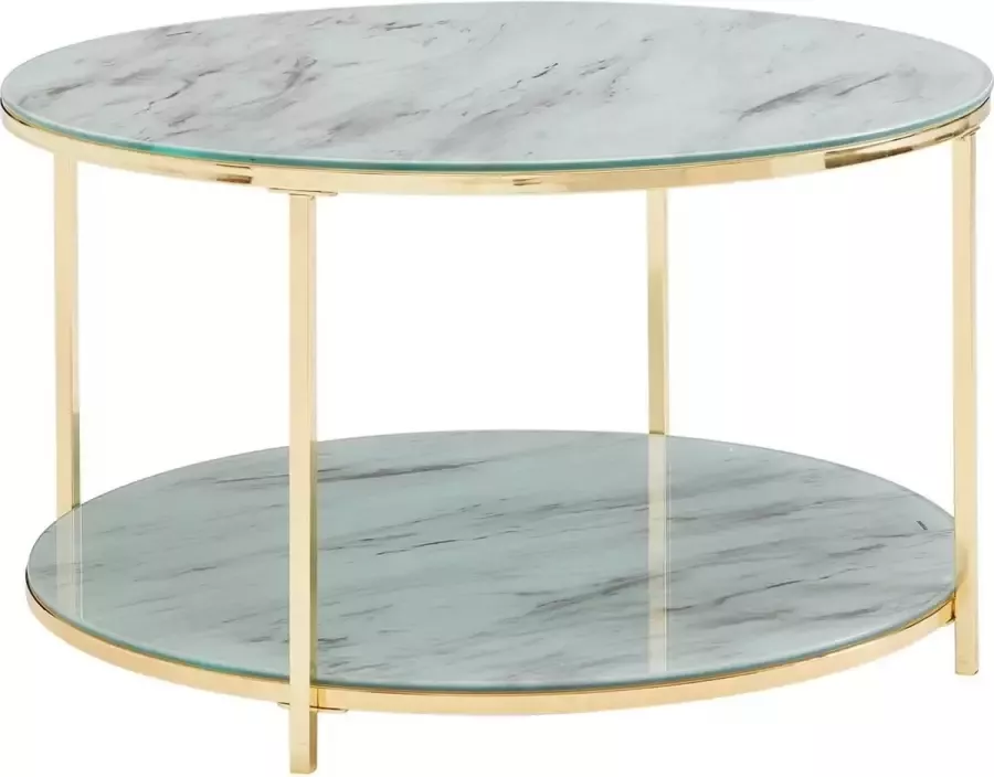 Sky Style Koffietafel Glazen en Metaal 80x80x45 cm met Marmer Look Wit Goud Ronde Salontafel Tafel Woonkamer Moderne met Opbergruimte Lage Bijzettafel Woonkamertafel