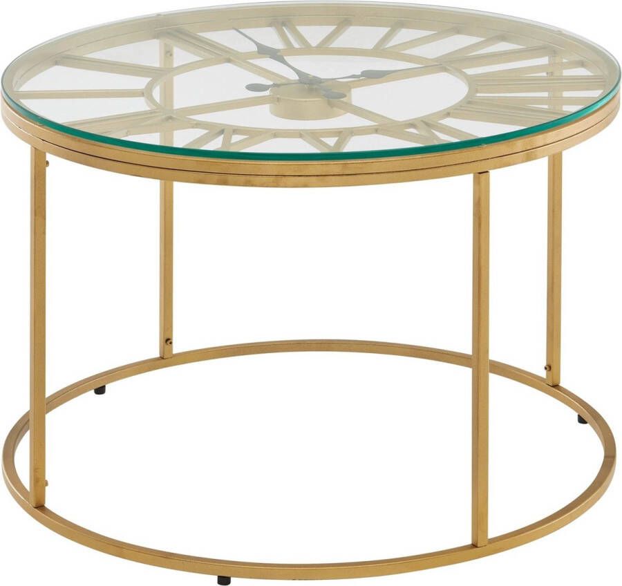 Sky Style Koffietafel Glas en Metaal 60x60x43 cm Salontafel Goud met Sierklok Tafel Woonkamer Rond Woonkamertafel Modern Kleine Bijzettafel