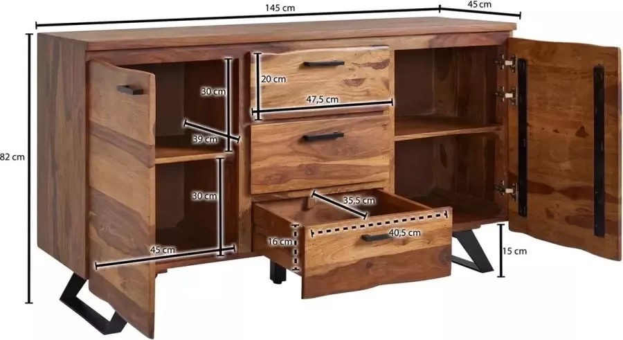 Ervesto dressoir 145x82x45 cm massief sheesham hout metaal met wanen ladekast Dressoir ladekast modern - Foto 2
