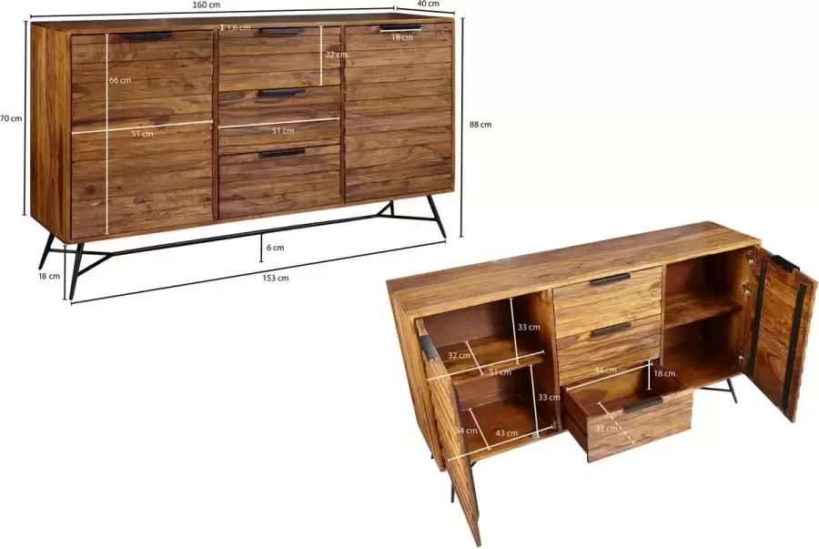 Industrieelinhuis.nl Dressoir 160 cm ladekast deuren & lades dressoir massief houten kast