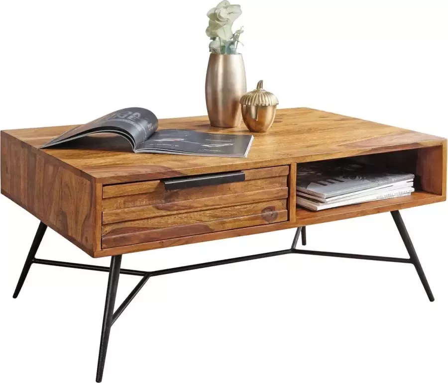 Industrieelinhuis.nl Salontafel 87 x 41 x 55 cm massief sheeshamhout Design houten tafel met opbergruimte en lade Massief houten tafel woonkamer Retro industriële salontafel met metalen poten