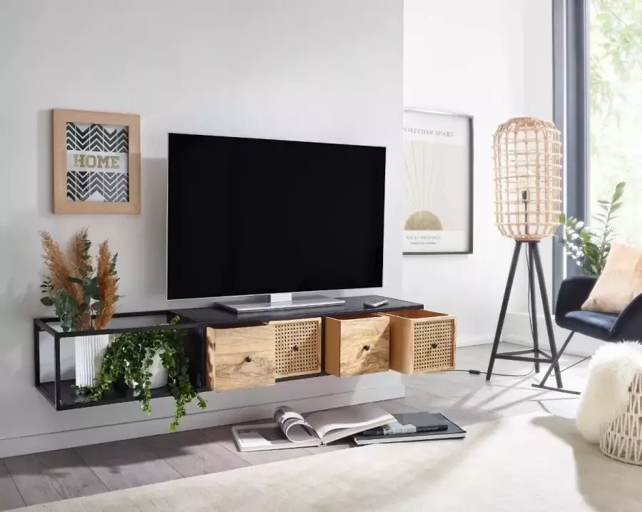 Sky Style HiFi Lowboard Hangend Mango Massief Hout Metaal 150x25x35 cm TV-Dressoir Zwart Design TV-Meubel Modern TV-Tafel Wand TV-Bord Woonkamer - Foto 2