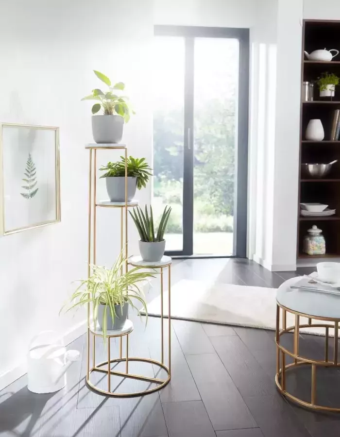 Ervesto Bloemenstandaard Echt Marmer Wit 36.5x107.5x36.5 cm Staande Goud Plantenstandaard Bloemenkruk Woonkamer Vrijstaand met 4 Planken Plantenplank Bloemenplank Groot Modern
