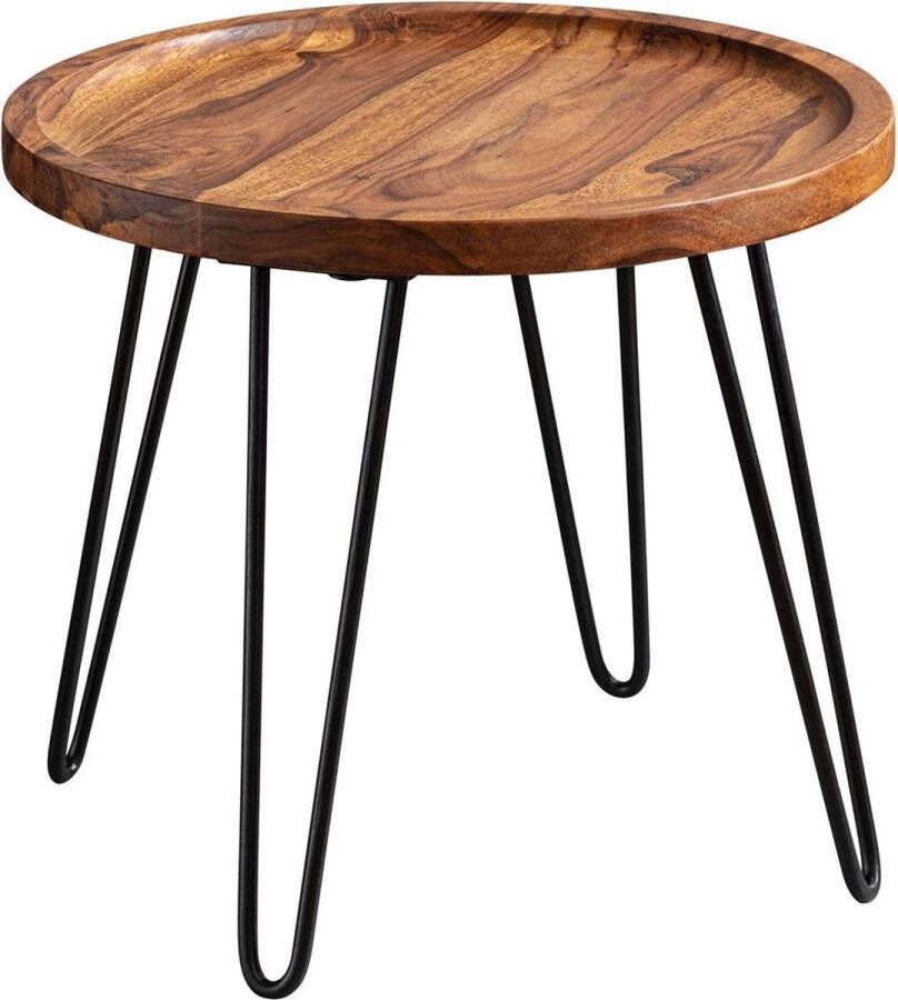 Sky Style salontafel Sheesham massief hout 45x40x45 cm woonkamer tafel rond Banktafel met haarspeldpoten Salontafel van hout en metaal