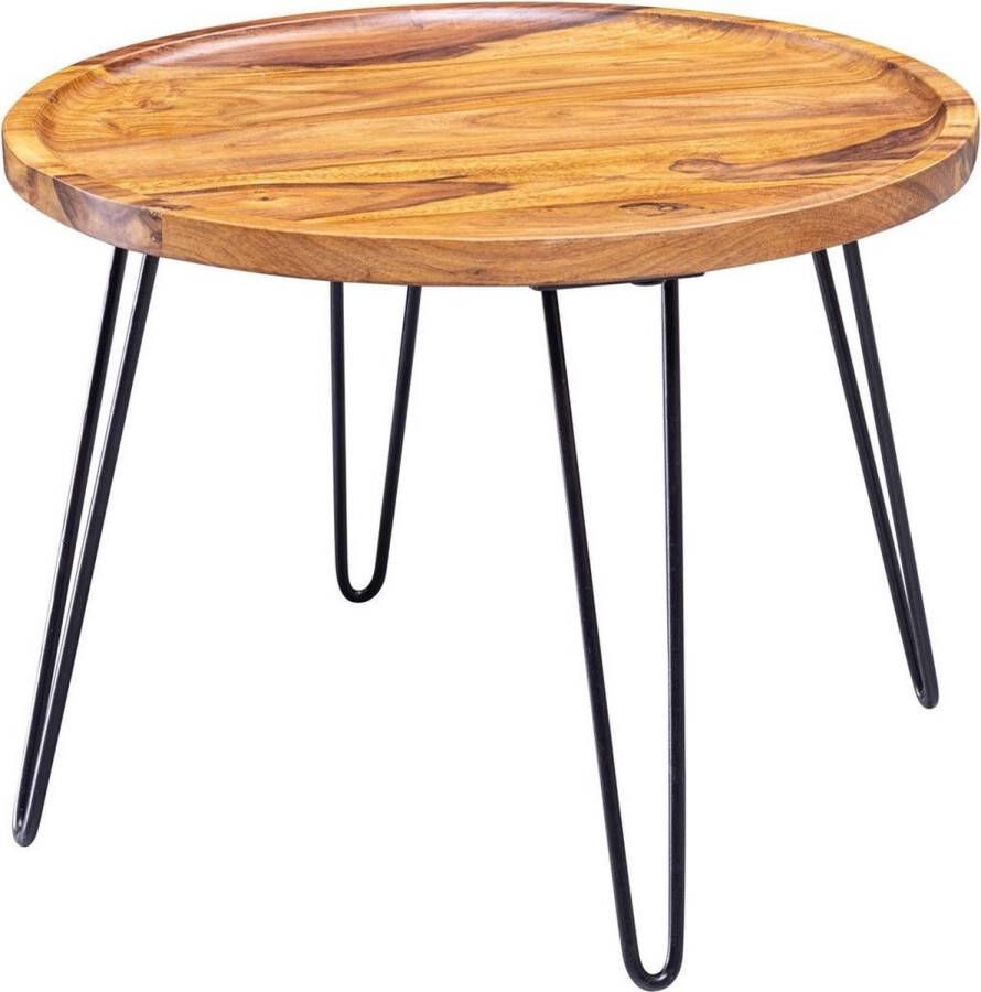 Sky Style salontafel Sheesham massief hout 60x45x60 cm woonkamer tafel rond Banktafel met haarspeldpoten Salontafel van hout en metaal