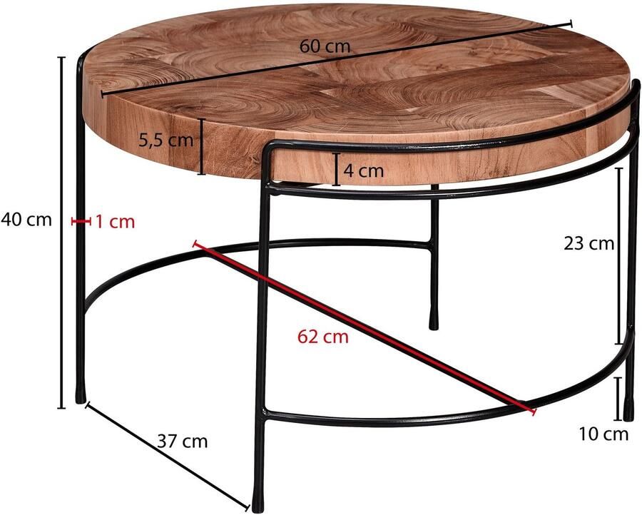 Sky Style salontafel 62x40x62 cm salontafel acacia massief hout metaal Ronde salontafel met metalen poten Kleine design tafel massief Houten tafel woonkamer industrieel - Foto 2