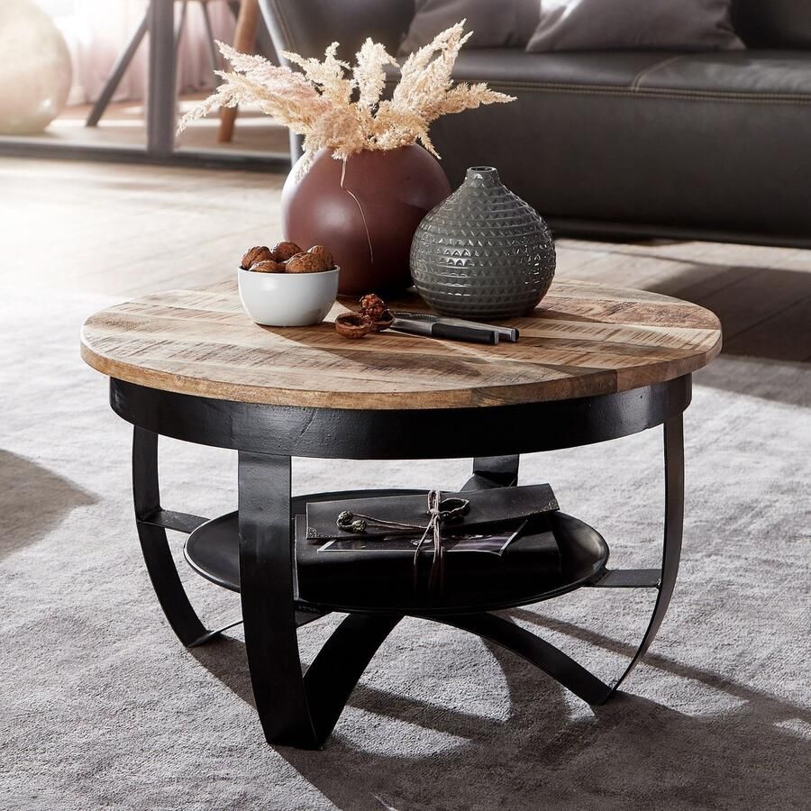 Sky Style salontafel 60x34x60 cm Mango massief hout metaal Industrieel zwart rond Salontafel massief Kleine tafel salontafel woonkamer