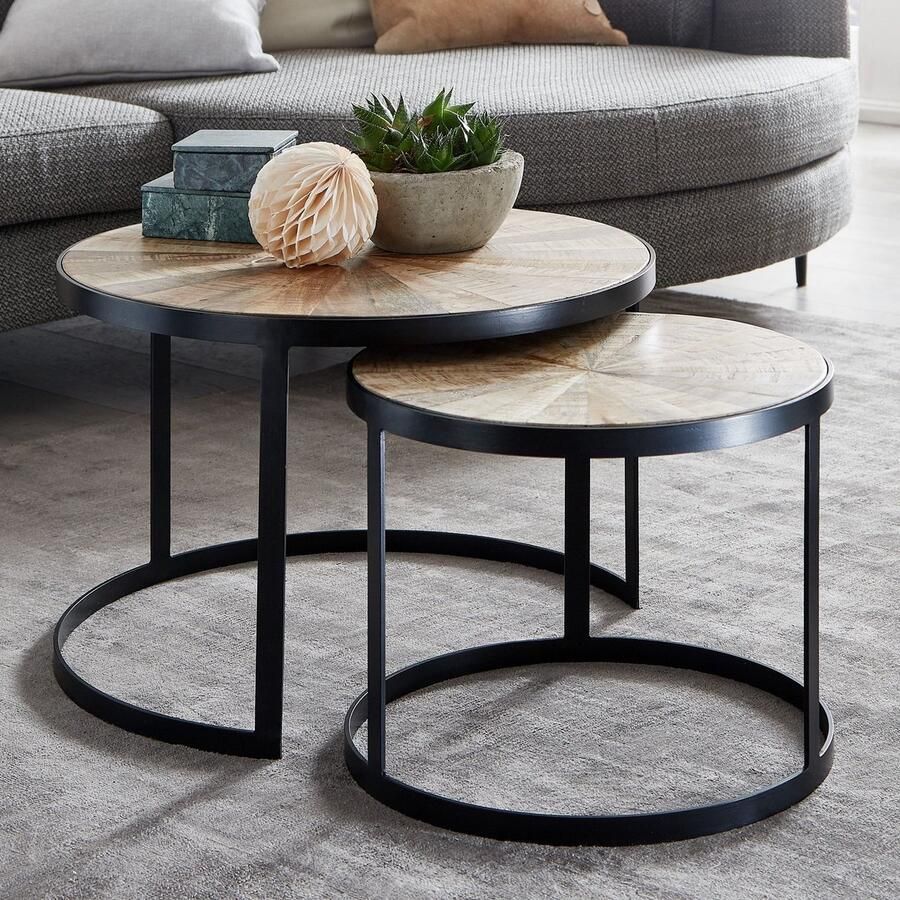 Wohnling design salontafel set van 2 mango massief houten bijzettafels rond | Salontafel met metalen poten bruin | Placemat 2-delige nesttafel hout metaal zwart