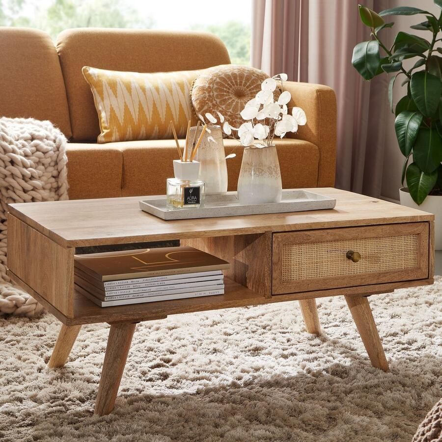 Sky Style salontafel 90x40x45 cm Mango massief houten salontafel rechthoekig Houten tafel met opbergruimte Salontafel met lade Tafel woonkamer solide