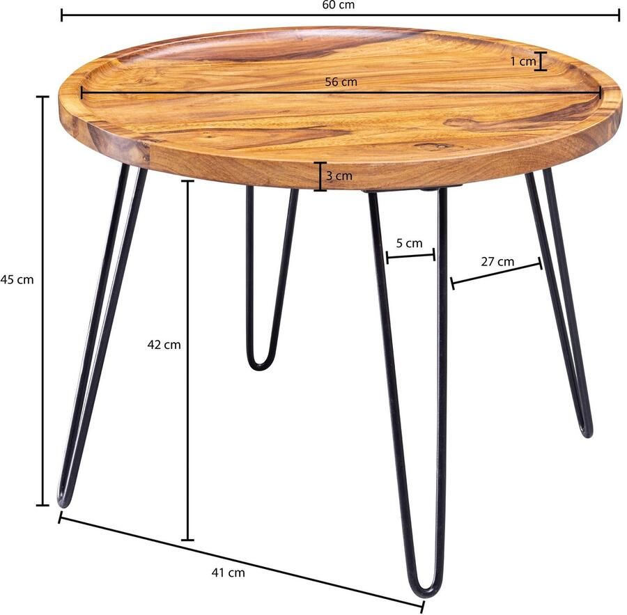 Sky Style salontafel Sheesham massief hout 60x45x60 cm woonkamer tafel rond Banktafel met haarspeldpoten Salontafel van hout en metaal - Foto 2