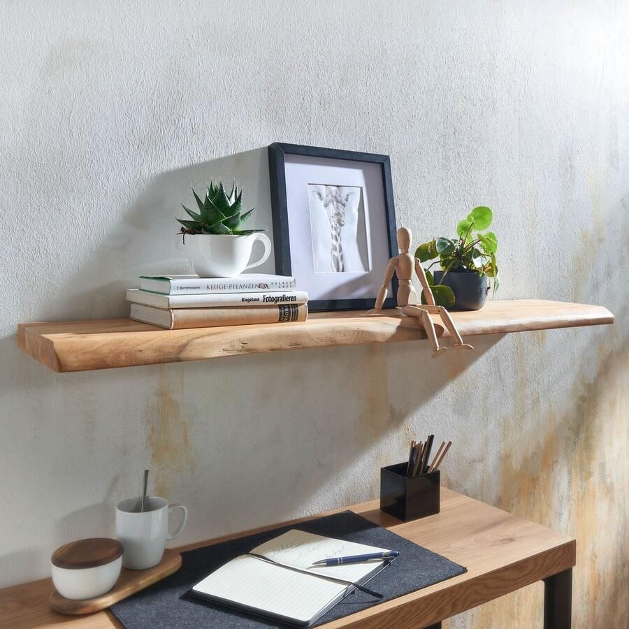 Sky Style Ervesto Wandplank 120 cm Muurplank Hangplank Acacia Massief Hout Lichtbruin Rustiek Zwevend Design 20 kg Draagvermogen