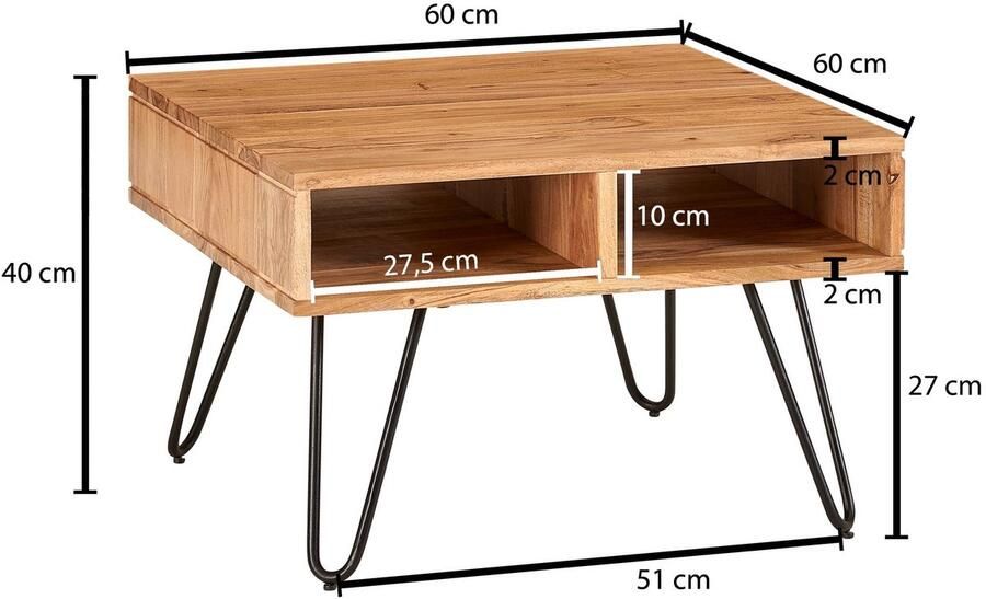 Sky Style salontafel 60x40x60 cm acacia massief hout metalen design salontafel hoekig Houten tafel met opbergruimte Salontafel hout vierkant bruin - Foto 2