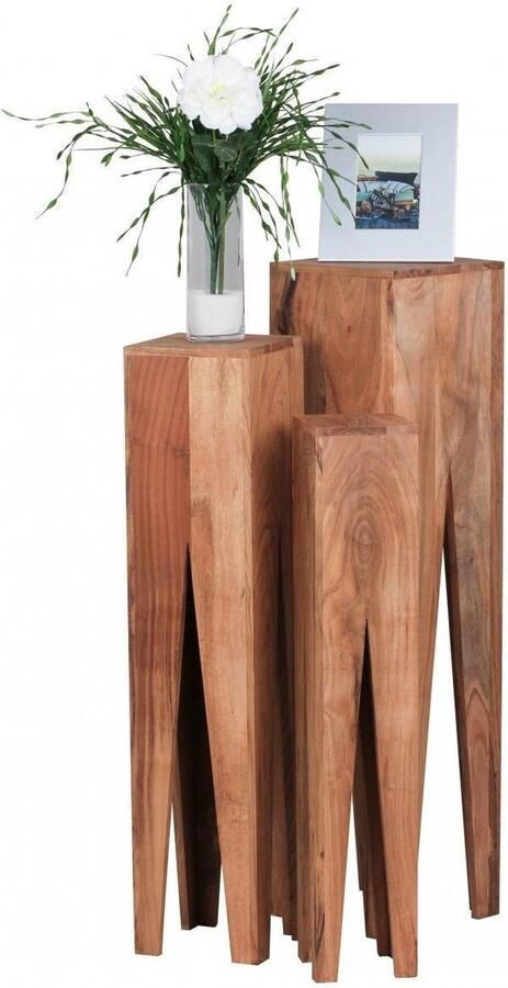 Wohnling bijzettafel set van 3 massief houten acacia woonkamertafel design kolommen landelijke stijl salontafel vierkant - Foto 3
