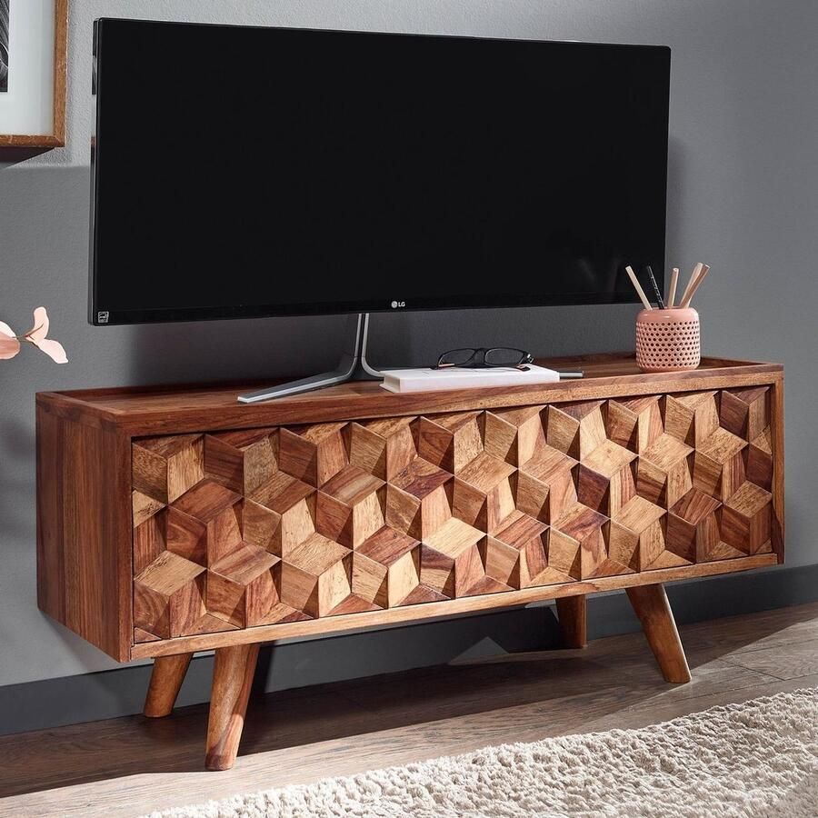 Sky Style HiFi Lowboard Massief Sheesham-Hout TV-Dressoir 92x44x35 cm met Vouwdeur TV-Meubel Hoog TV-Tafel TV-Bord Woonkamer Modern