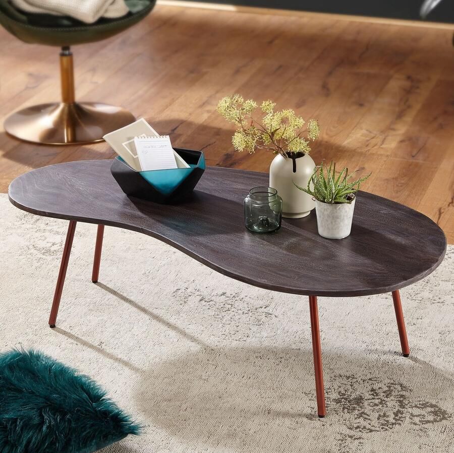 Sky Style Design salontafel JAI 122x34 5x63 cm Acacia met metalen poten koper Niertafel Massief hout Grijs Houten tafelpoten Metaal Koel massief houten tafel plat modern