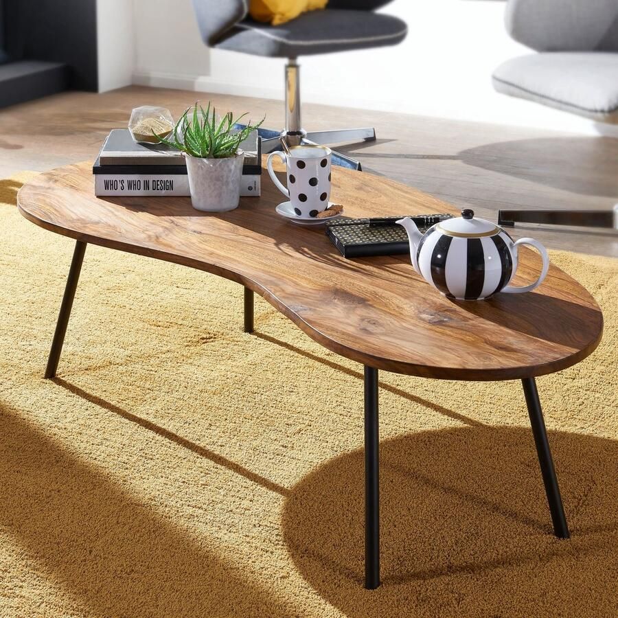 Sky Style Design salontafel KASI 122x36x63 cm Sheesham met metalen poten Zwart Niertafel Massief hout Grijs Houten tafelpoten Metaal Koel massief houten tafel plat modern