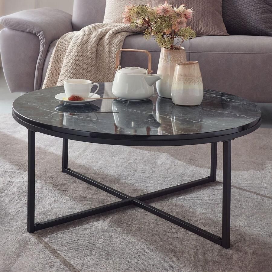 Sky Style salontafel 80x36x80 cm met zwart marmerlook Salontafel met metalen frame Salontafel ronde tafel woonkamer Zijtafel