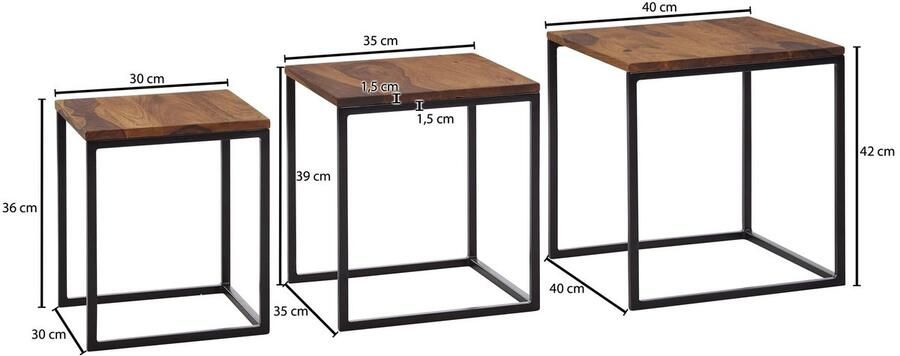 Sky Style Set van 3 Sheesham Massief Hout Metalen Bijzettafel Vierkant Modern Design Salontafel 3-Delig Woonkamer Tafels Ruimtebesparend Houten Tafel Set Woonkamer Tafels - Foto 2